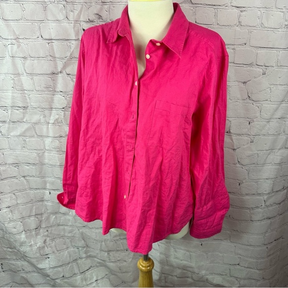 LOFT hot Pink 3/4 Sleeve Button Down Shirt flowy summer linen blend sz large - Picture 1 of 8
